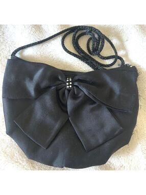 Vintage Black Satin Clutch Evening Bag Crossbody Purse Rhinestone Bow Handbag